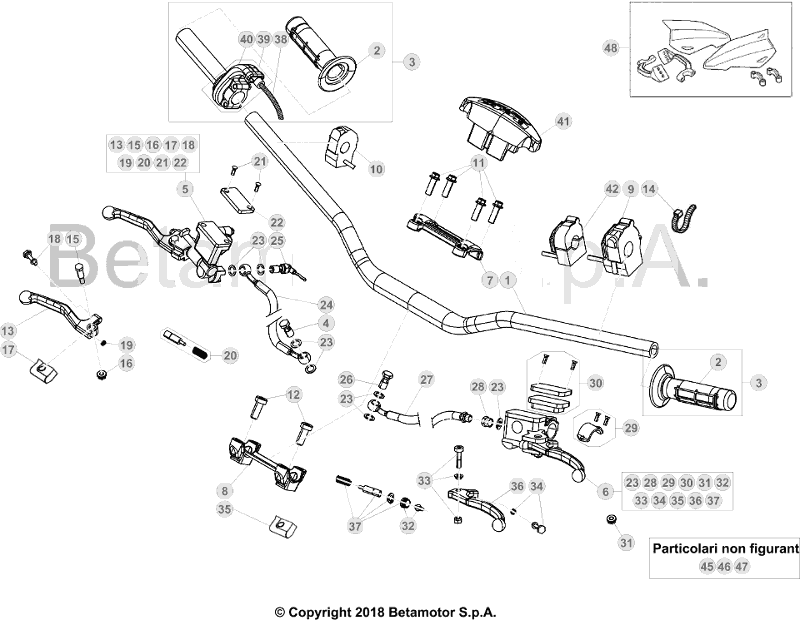 vue éclatée commandes et guidon - beta rr 125 racing 2019