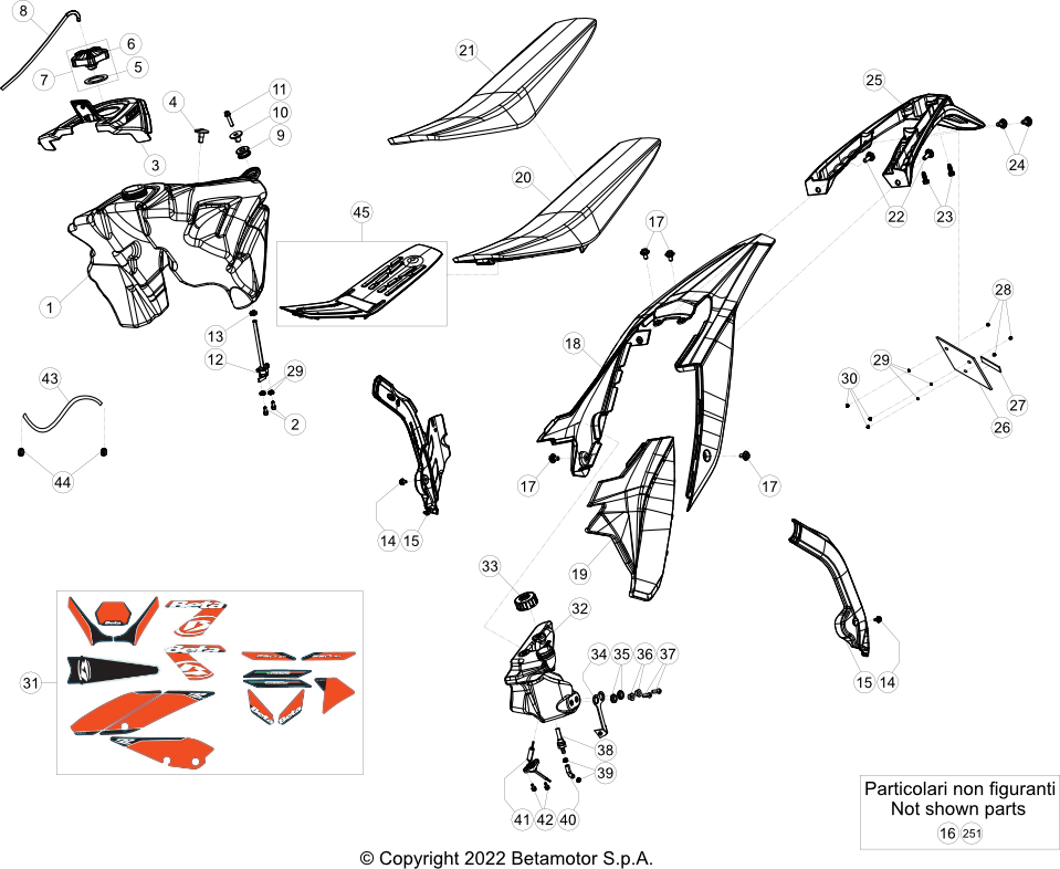 vue éclatée plastiques, réservoir et selle - beta rr 250 2023