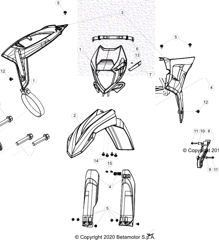 vue éclatée plastiques, réservoir et selle - beta rr 250 2023