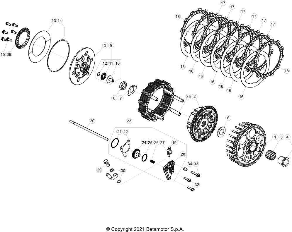 vue éclatée transmission primaire / embrayage - beta rr 250 2023