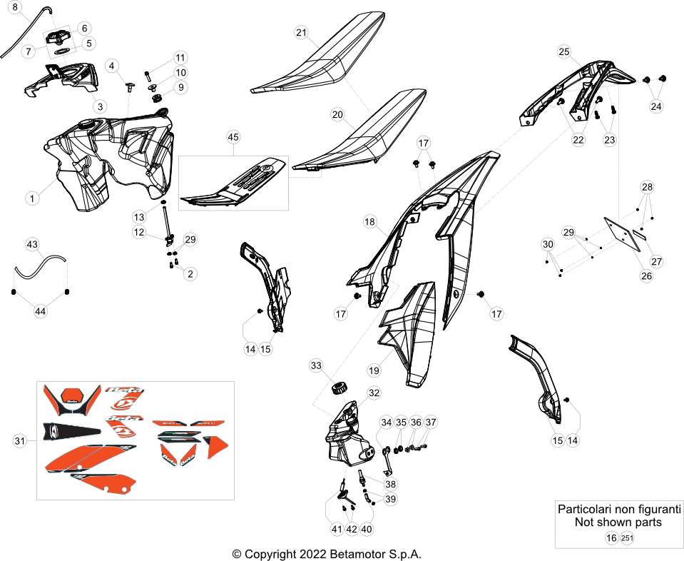 vue éclatée plastiques, réservoir et selle - beta rr 300 2023