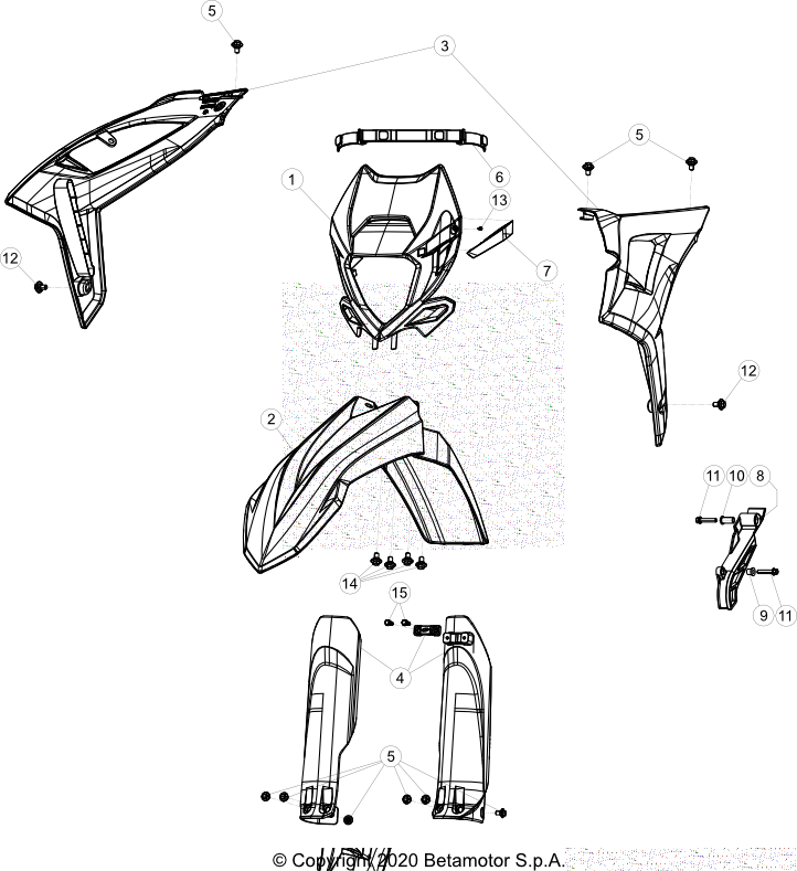 vue éclatée plastiques, réservoir et selle - beta rr 300 2023
