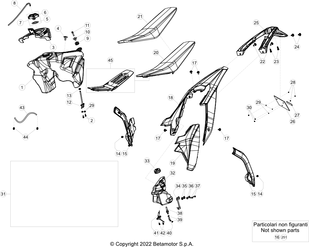 vue éclatée plastiques, réservoir et selle - beta rr 200 2023