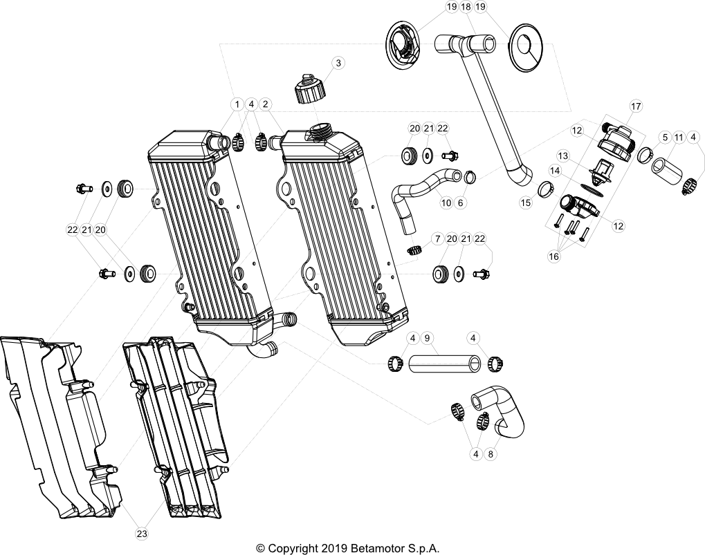 vue éclatée radiateurs, refroidissement - beta rr 200 2023
