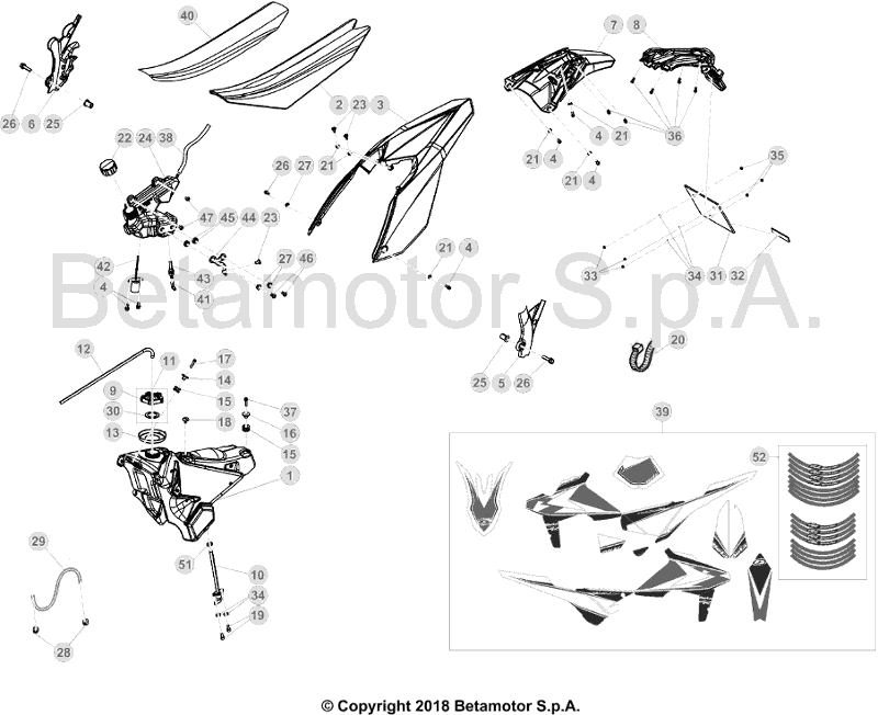 vue éclatée plastiques, réservoir et selle - beta rr 200 2019