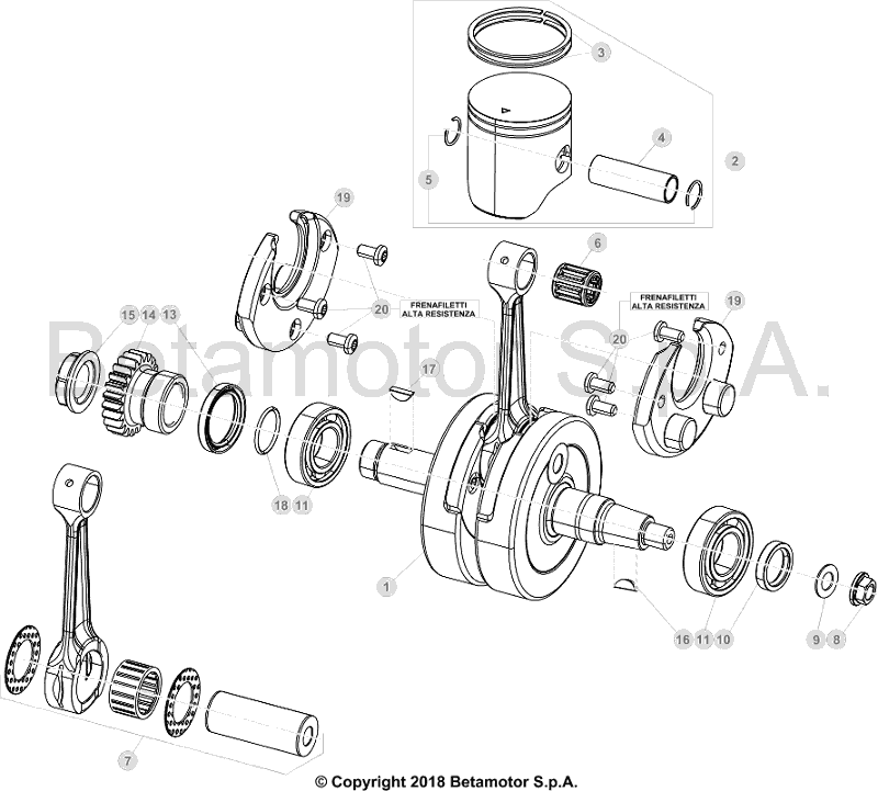 vue éclatée vilebrequin / piston / arbre d’équilibrage - beta rr 200 2019