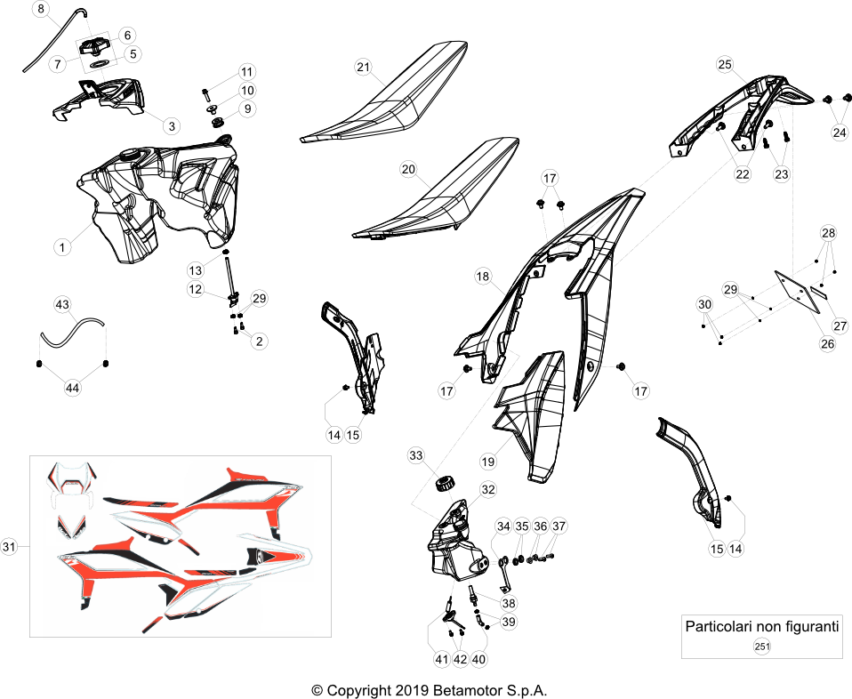 vue éclatée plastiques, réservoir et selle - beta rr 200 2020