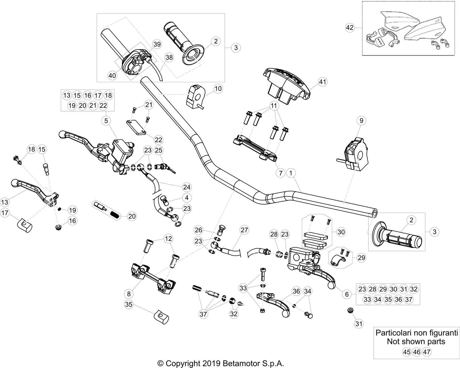 vue éclatée commandes et guidon - beta rr 125 racing 2023