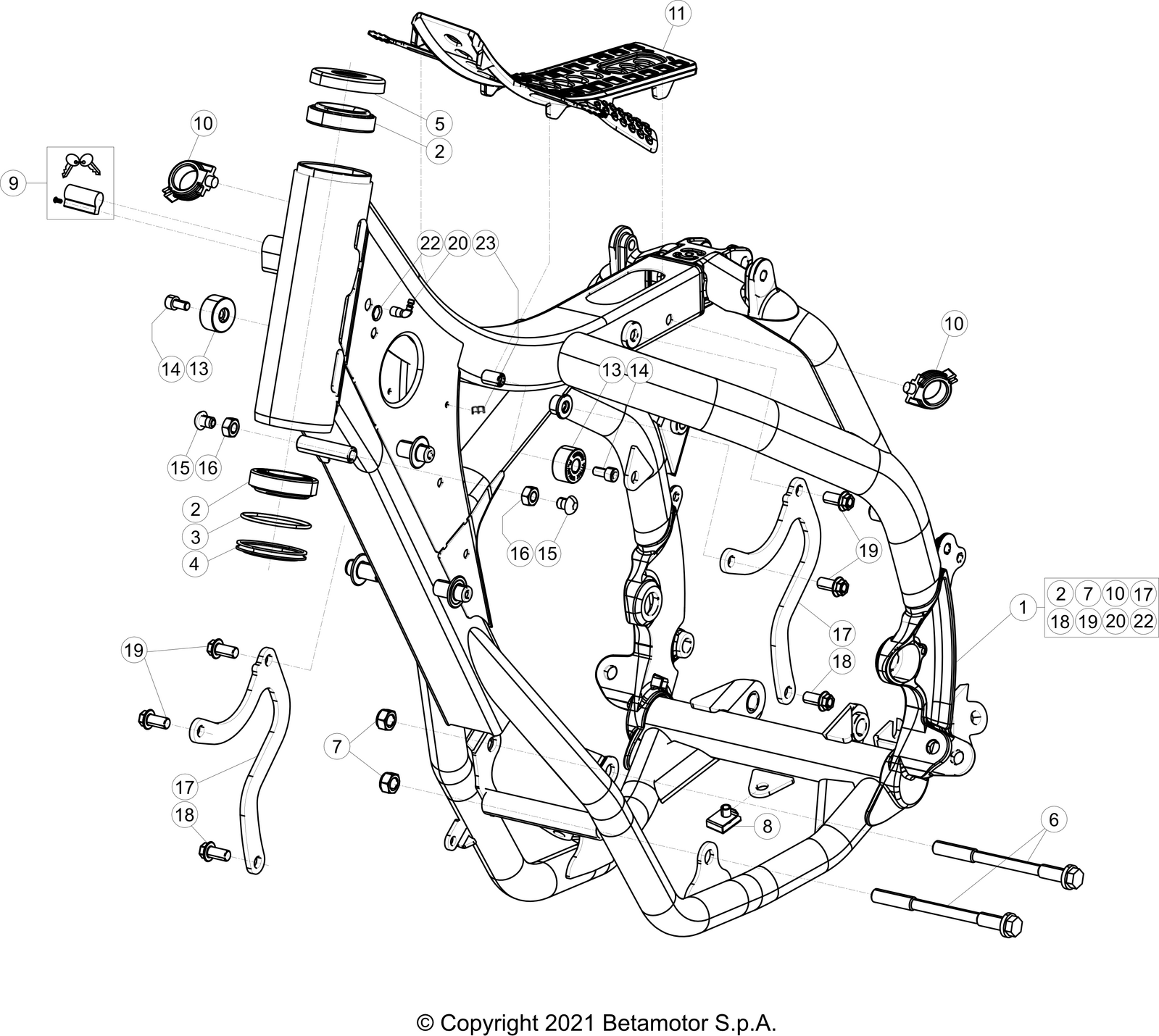 vue éclatée cadre - beta rr 200 racing 2023