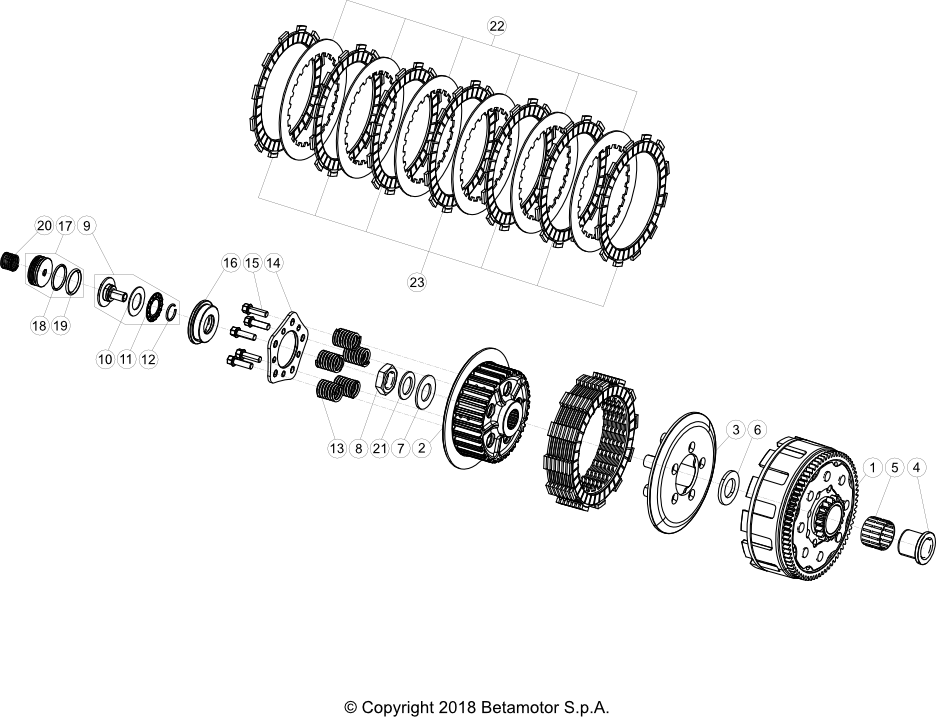 vue éclatée transmission primaire / embrayage - beta rr 200 racing 2023