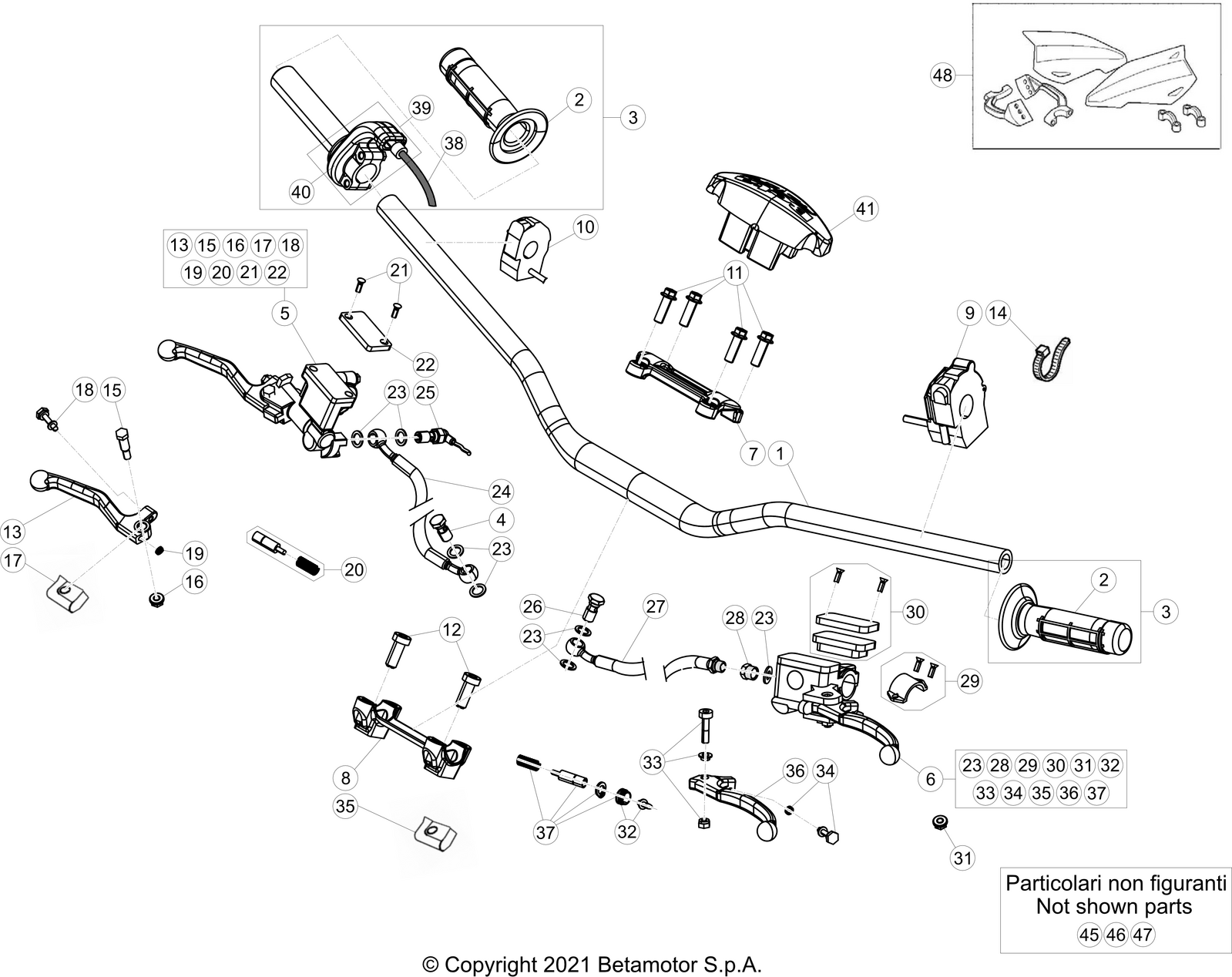 vue éclatée commandes et guidon - beta rr 250 racing 2023