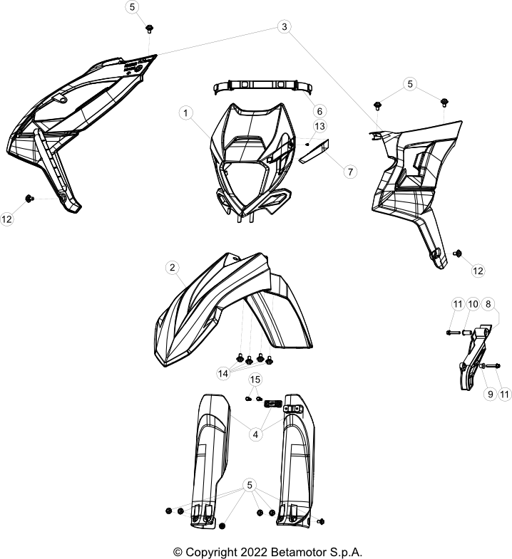 vue éclatée plastiques, réservoir et selle - beta rr 250 racing 2023