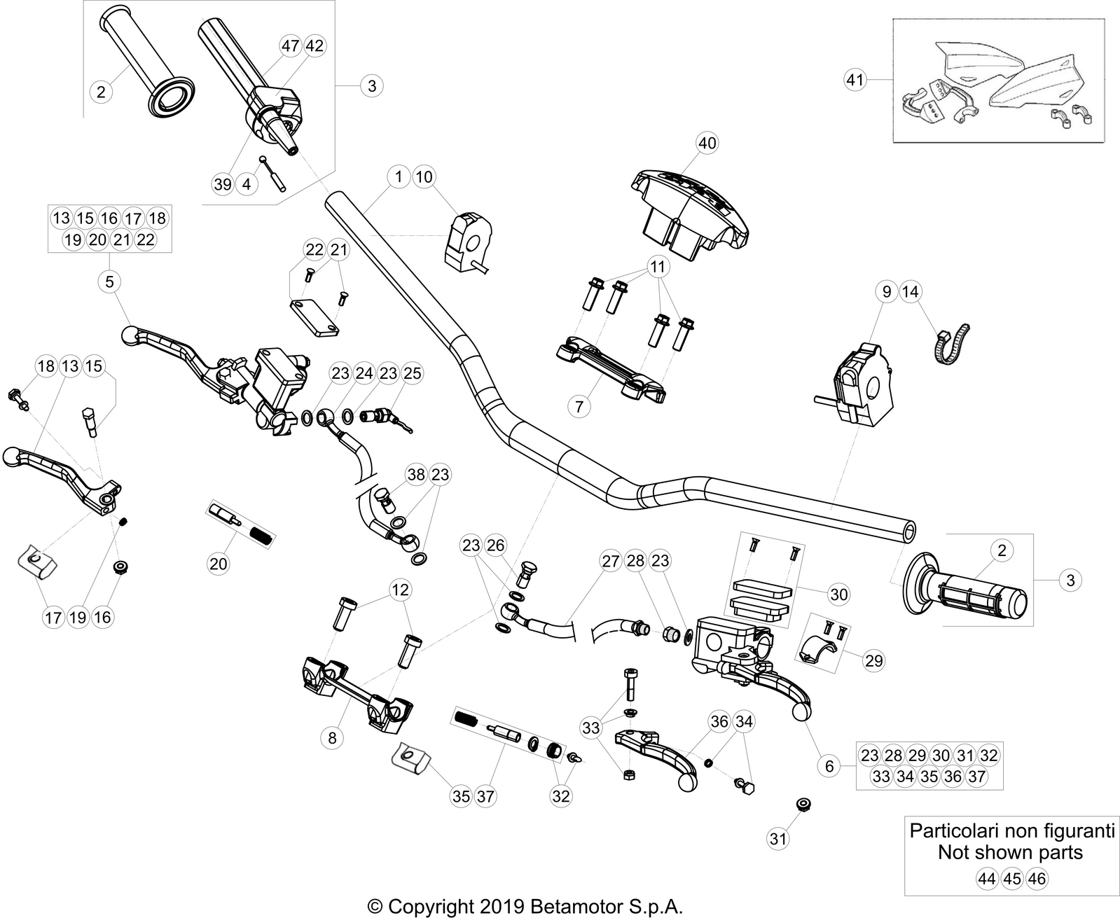 vue éclatée commandes et guidon - beta rr 430 4t racing 2023