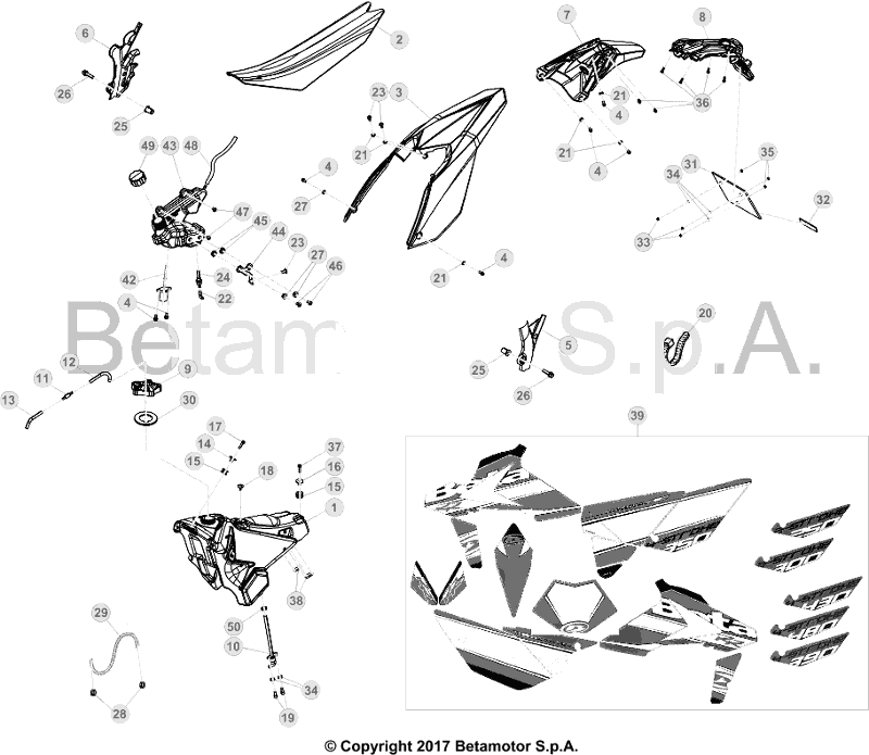 vue éclatée plastiques, réservoir et selle - beta rr 250 2016