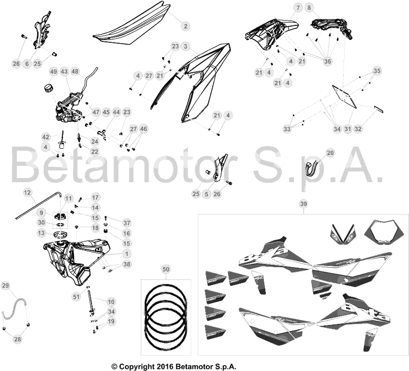 vue éclatée plastiques, réservoir et selle - beta rr 250 2017