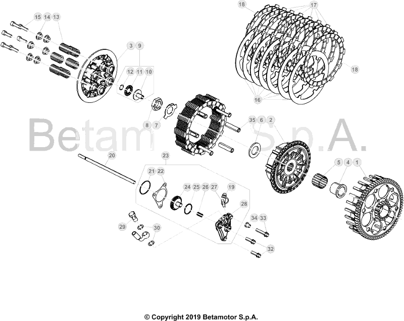 vue éclatée transmission primaire / embrayage - beta rr 250 2019
