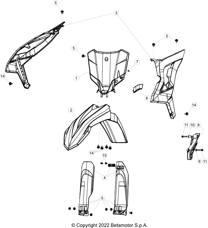 vue éclatée plastiques, réservoir et selle - beta rx 300 2023
