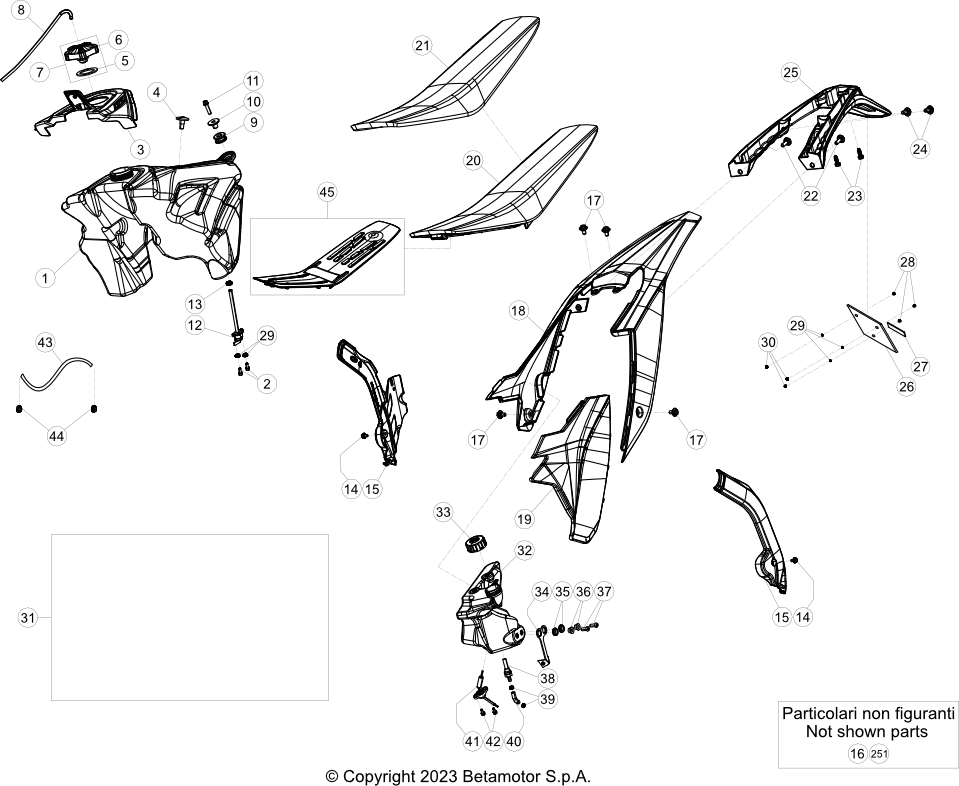 vue éclatée plastiques, réservoir et selle - beta rr 250 2024
