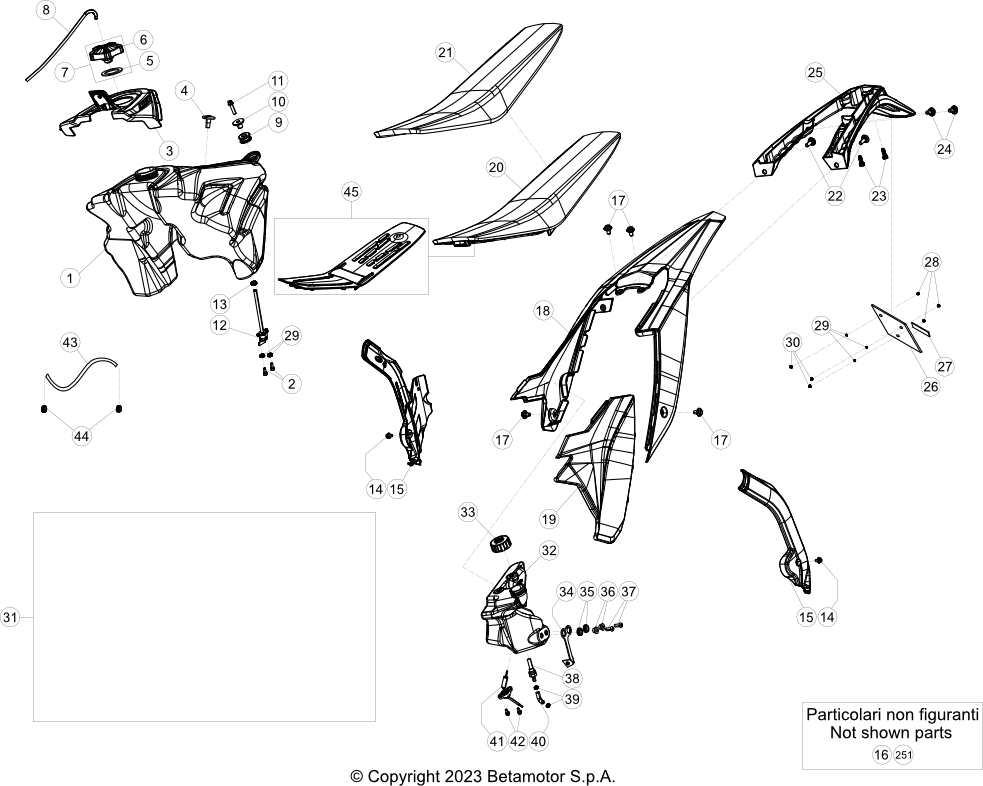 vue éclatée plastiques, réservoir et selle - beta rr 200 2024