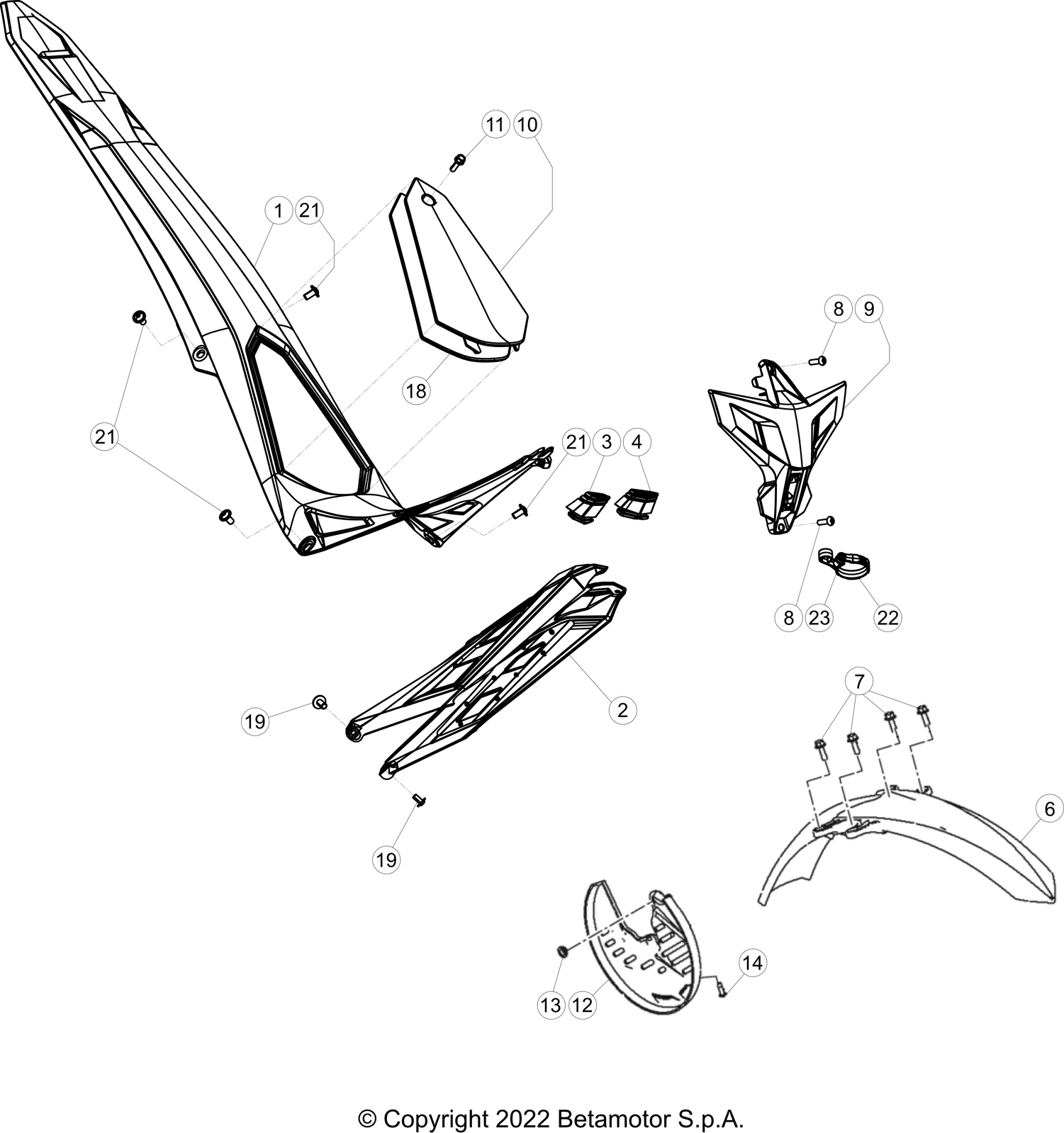 vue éclatée plastiques, réservoir et selle - beta evo 200 2t factory 2023