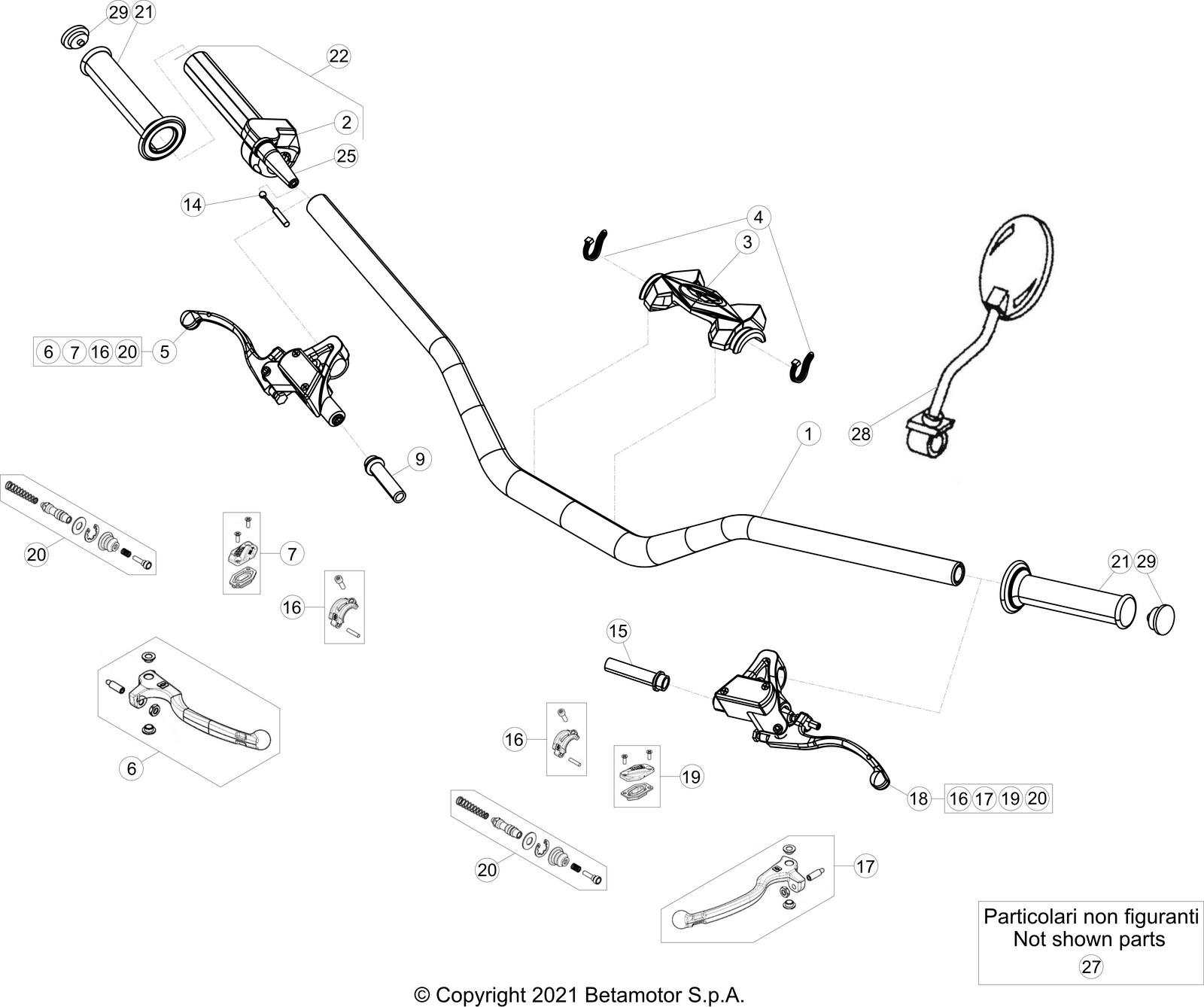 vue éclatée commandes et guidon - beta evo 200 2t factory 2023