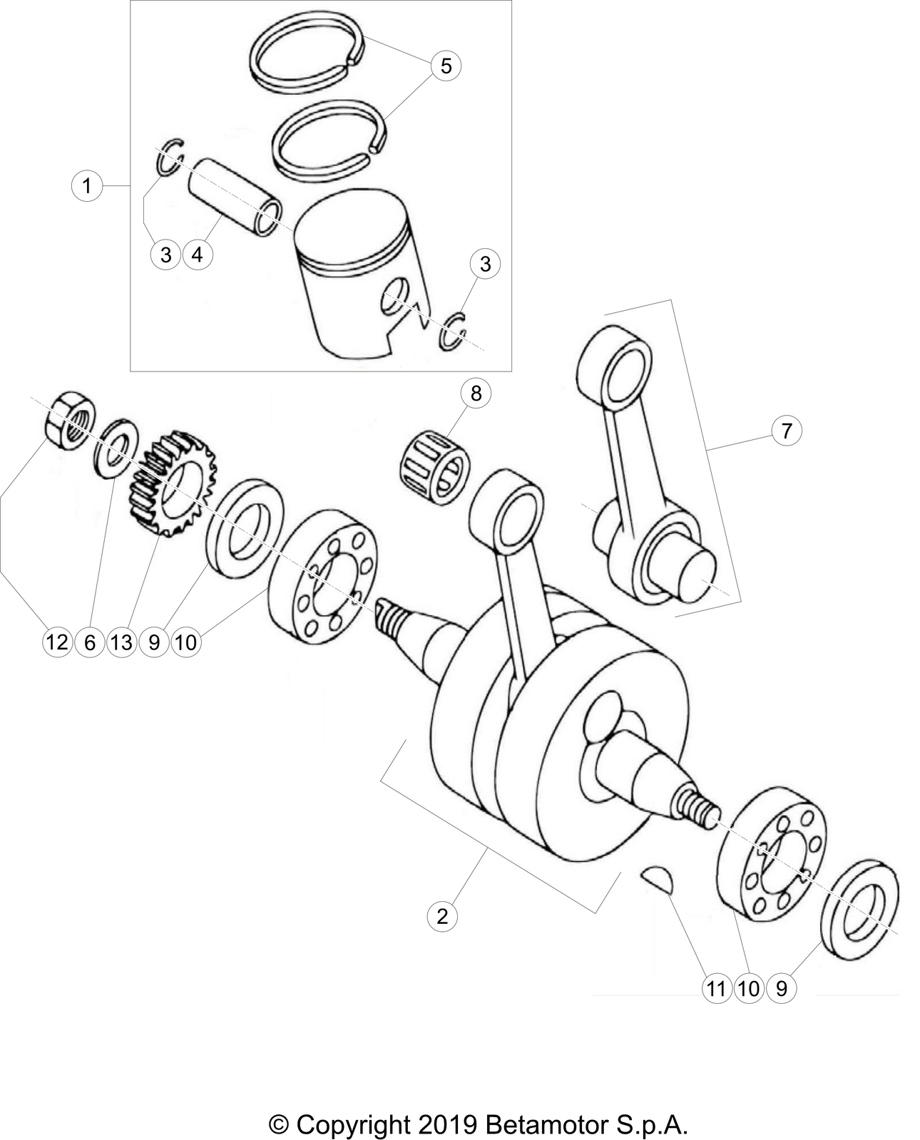 vue éclatée vilebrequin / piston / arbre d’équilibrage - beta evo 80 senior 2022
