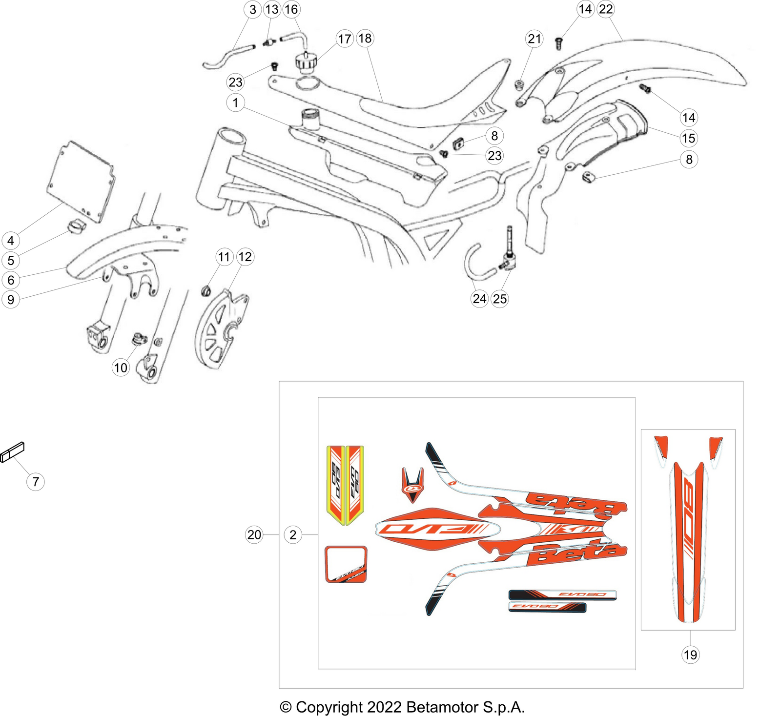 vue éclatée plastiques, réservoir et selle - beta evo 80 junior 2023