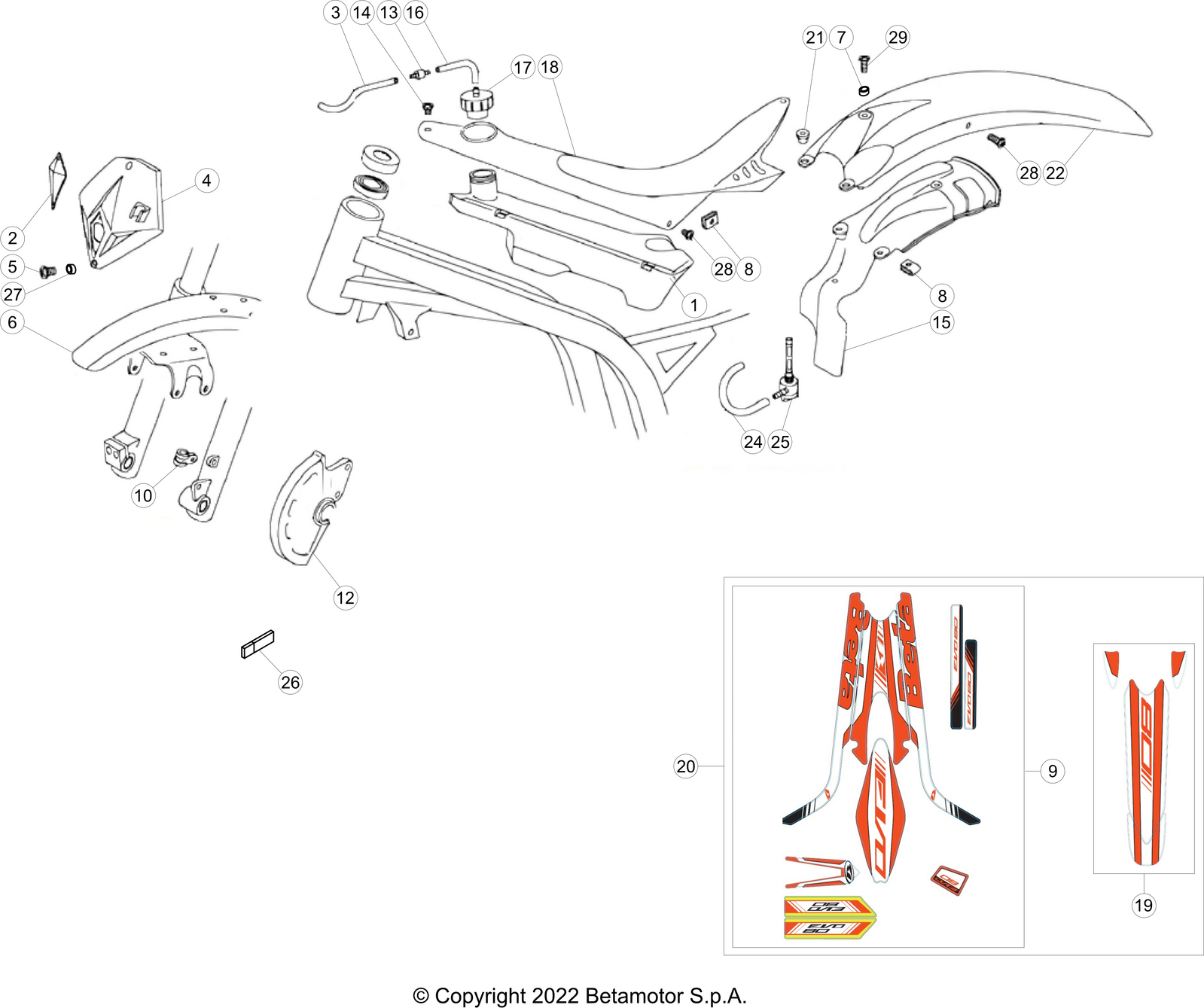 vue éclatée plastiques, réservoir et selle - beta evo 80 senior 2023
