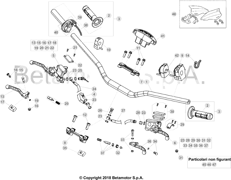 vue éclatée commandes et guidon - beta rr 250 racing 2018