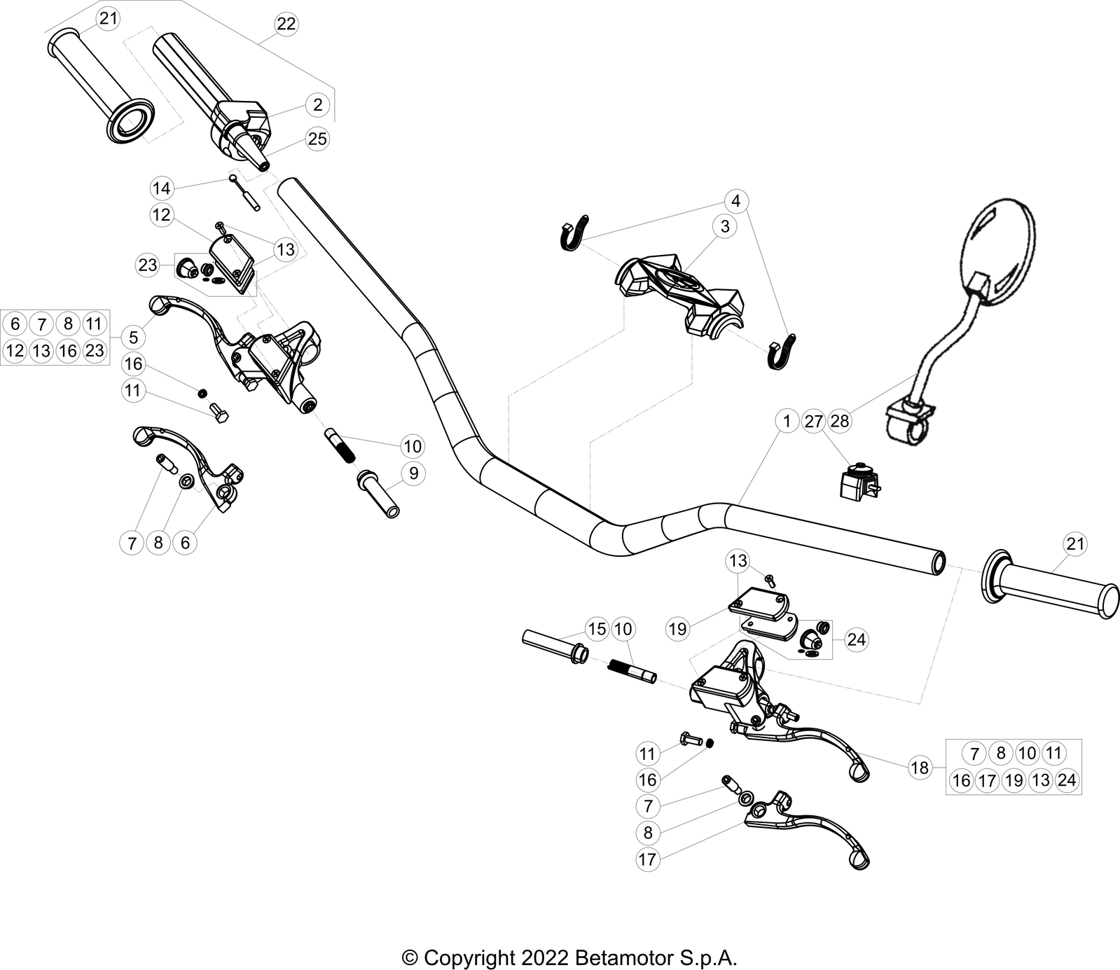 vue éclatée commandes et guidon - beta evo 200 2t 2024