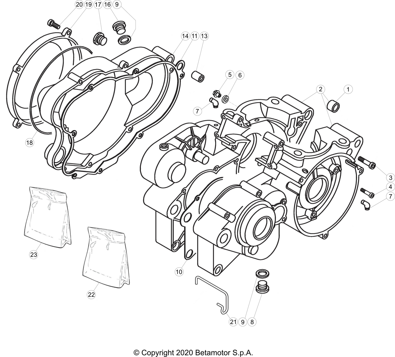 vue éclatée carter moteur - beta evo 200 2t 2024