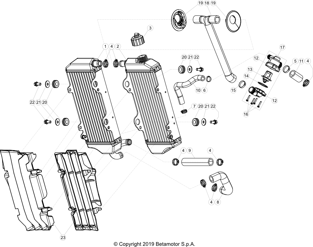 vue éclatée radiateurs, refroidissement - beta rr 250 racing 2020