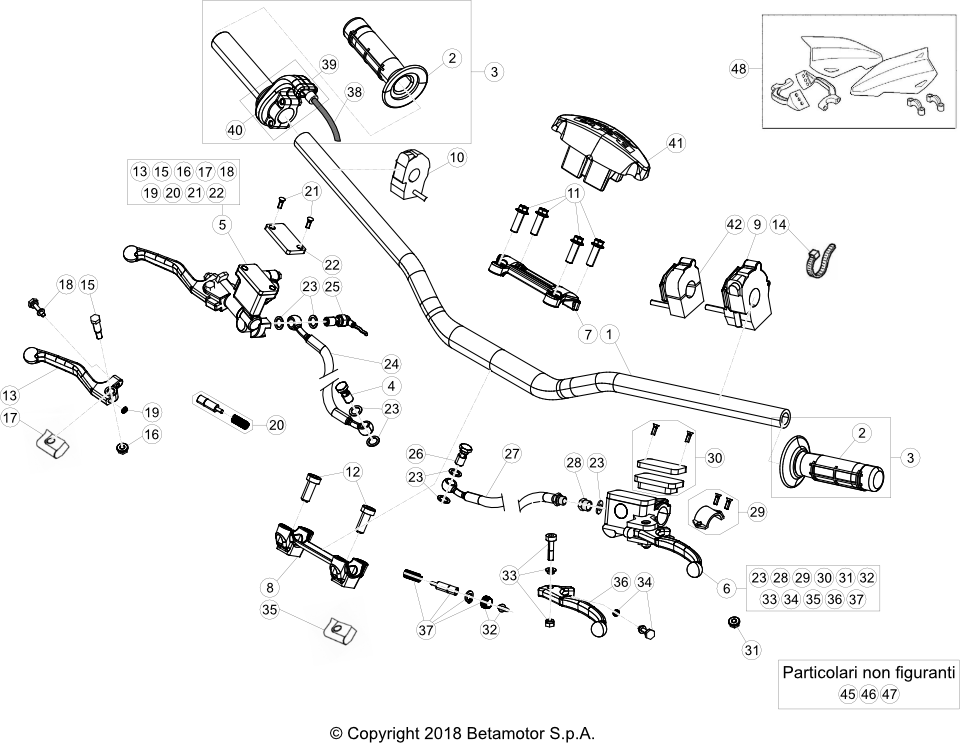 vue éclatée commandes et guidon - beta rr 250 racing 2020