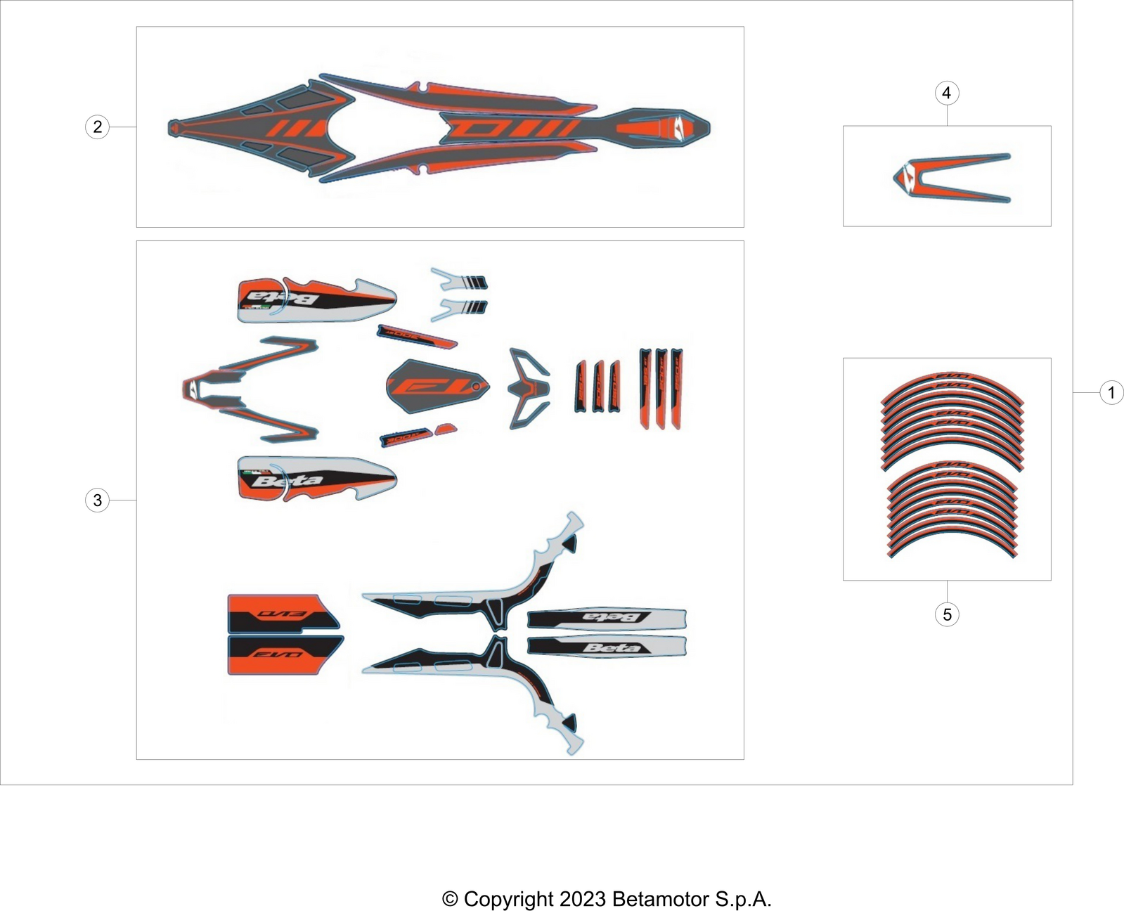 vue éclatée plastiques, réservoir et selle - beta evo 300 2t 2024