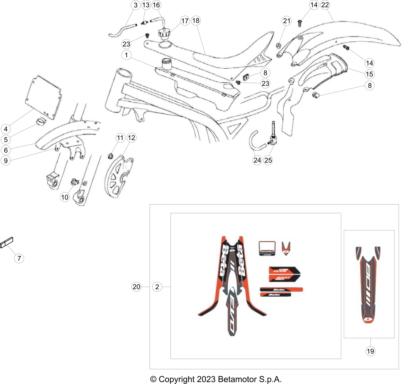 vue éclatée plastiques, réservoir et selle - beta evo 80 junior 2024