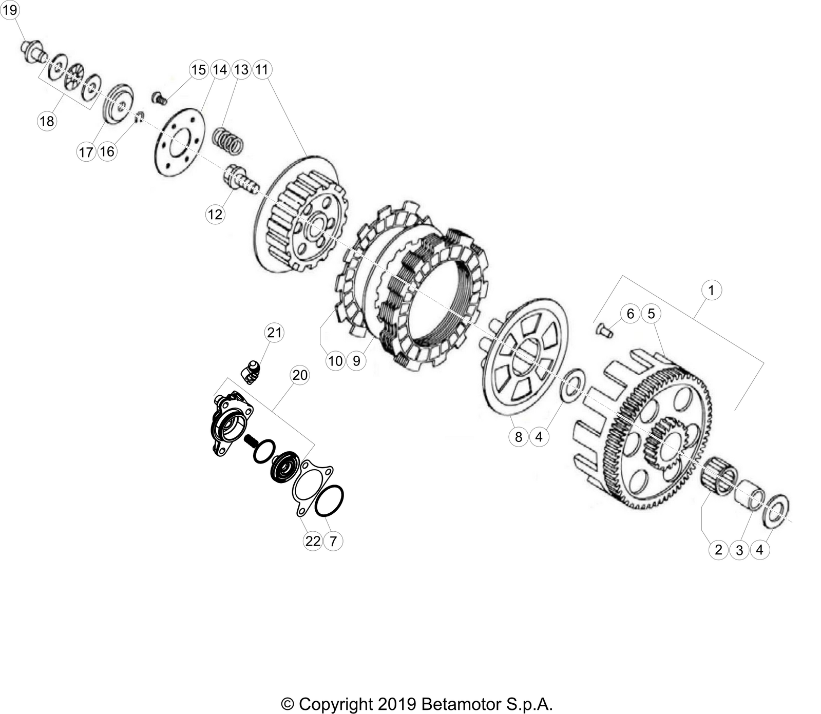 vue éclatée transmission primaire / embrayage - beta evo 80 senior 2024