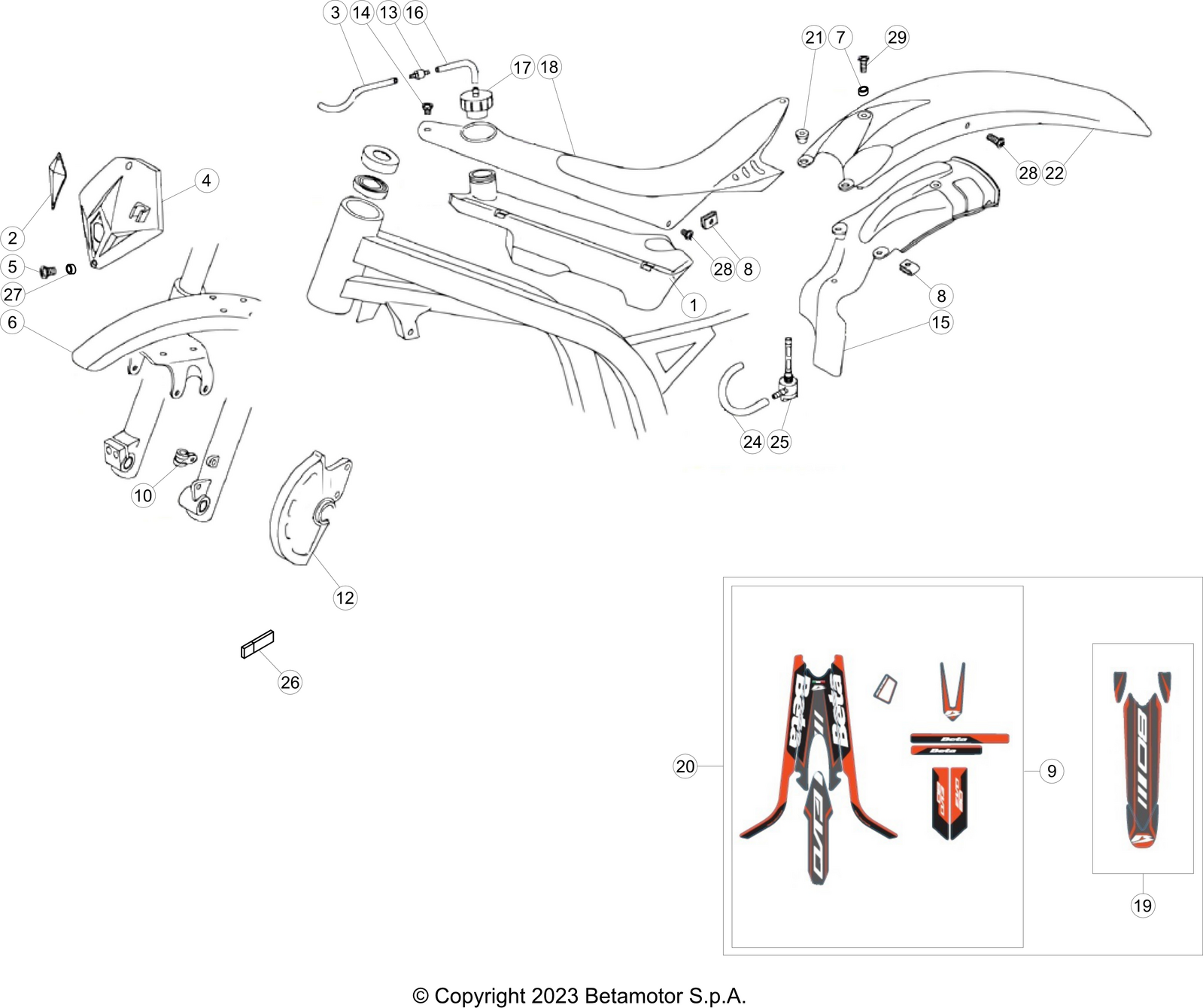 vue éclatée plastiques, réservoir et selle - beta evo 80 senior 2024