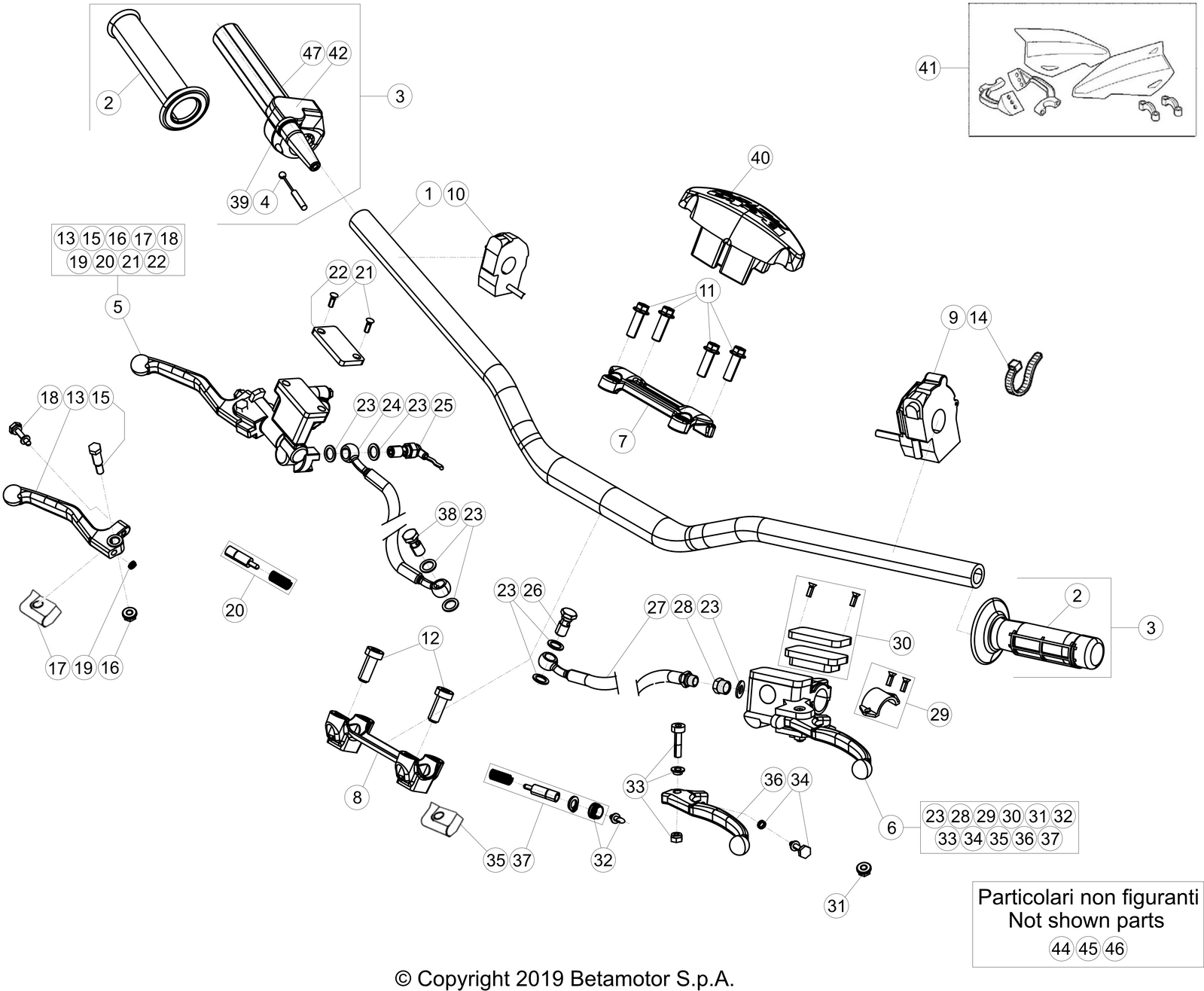 vue éclatée commandes et guidon - beta rr 480 4t racing 2024