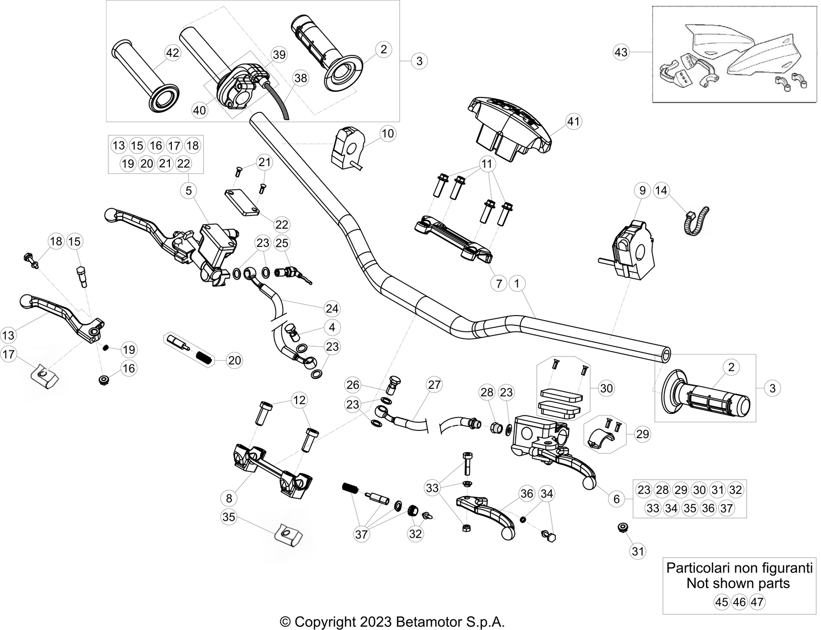 vue éclatée commandes et guidon - beta rr 250 racing 2024