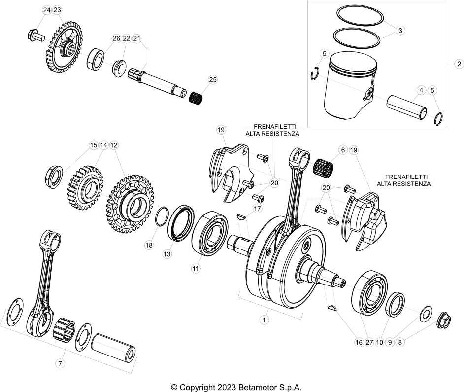 vue éclatée vilebrequin / piston / arbre d’équilibrage - beta rr 300 racing 2024