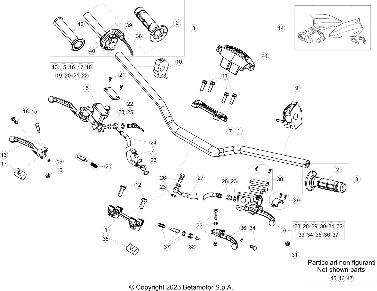 vue éclatée commandes et guidon - beta rr 200 racing 2024