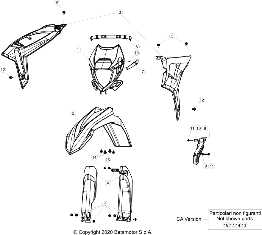 vue éclatée plastiques, réservoir et selle - beta rr 200 racing 2024