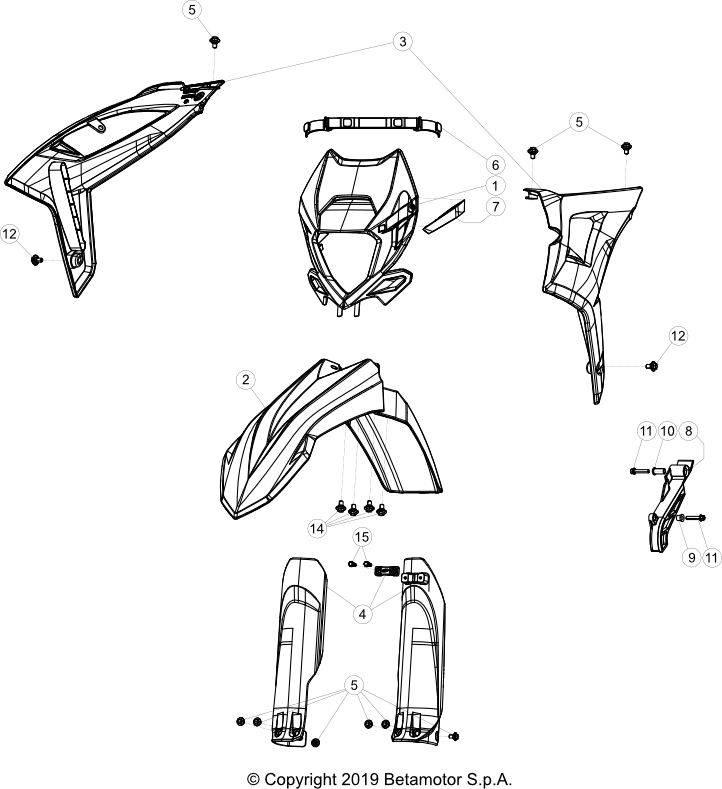 vue éclatée plastiques, réservoir et selle - beta rr 300 racing 2020