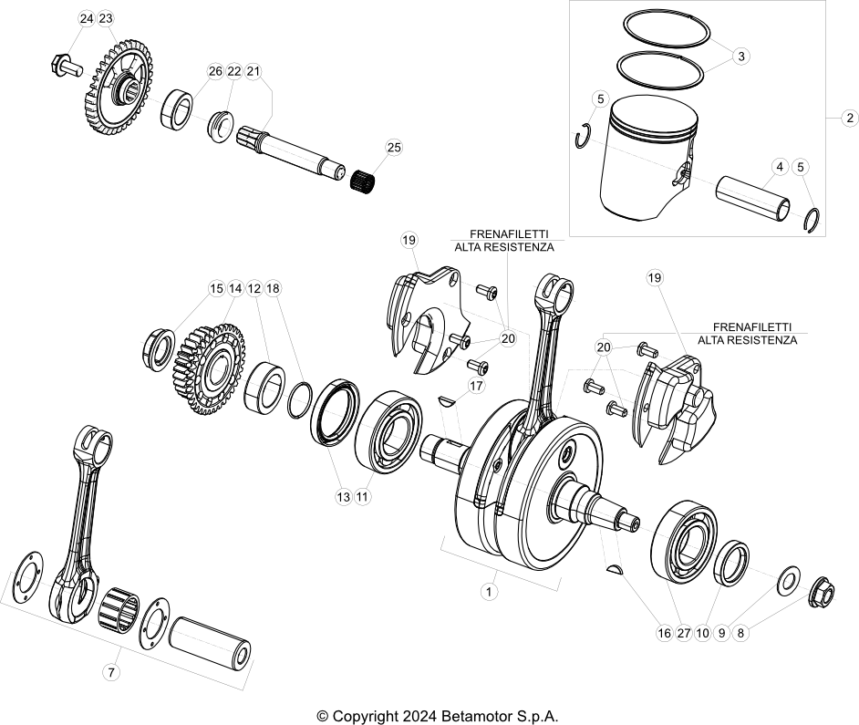 vue éclatée vilebrequin / piston / arbre d’équilibrage - beta rr 300 x-pro 2t 2025