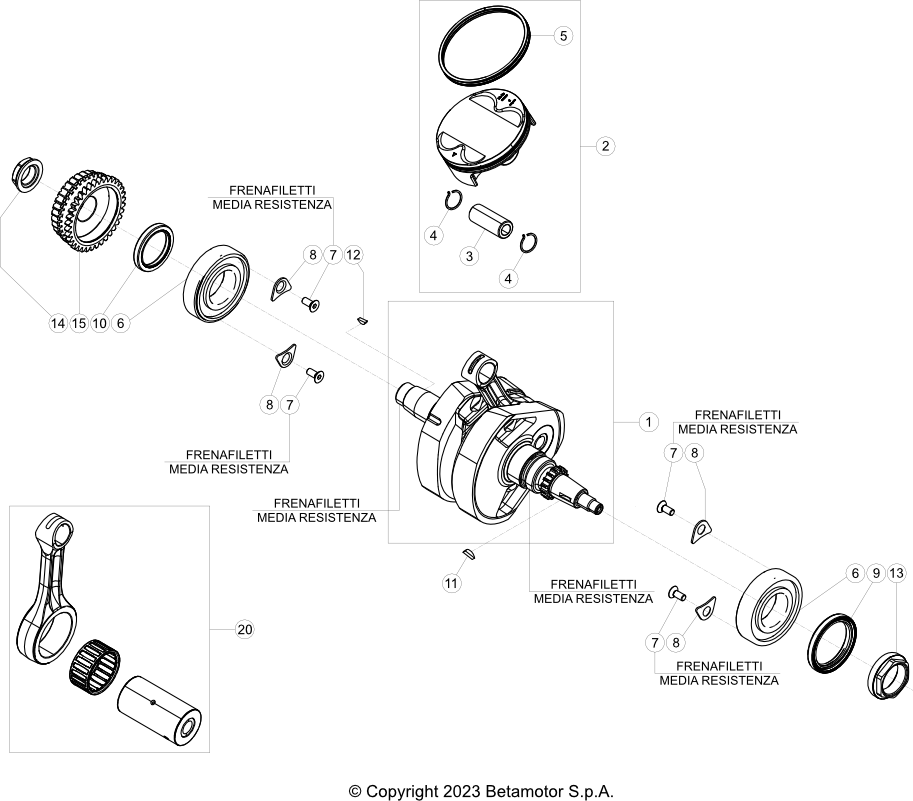 vue éclatée vilebrequin / piston / arbre d’équilibrage - beta rx 450 4t 2025