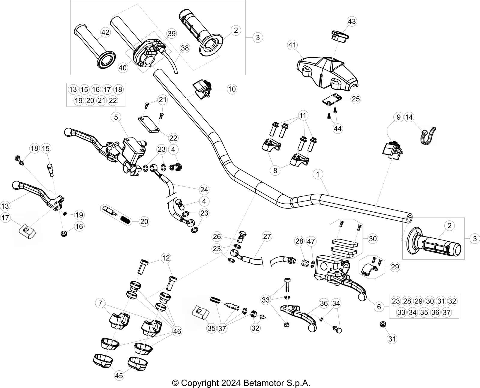 vue éclatée commandes et guidon - beta rx 300 2t 2025