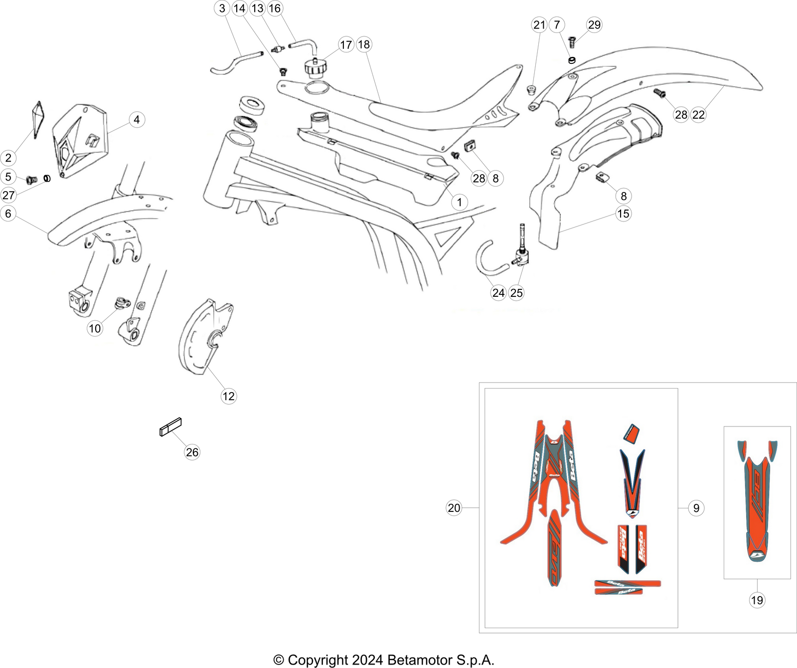 vue éclatée plastiques, réservoir et selle - beta evo 80 senior 2025