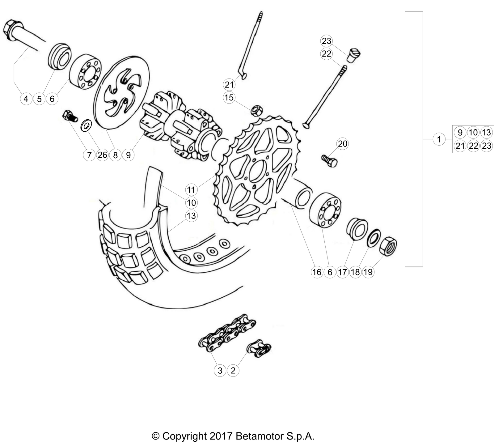 vue éclatée roue arrière - beta evo 80 senior 2025