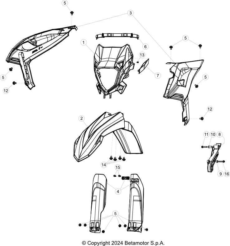 vue éclatée plastiques, réservoir et selle - beta rr 480 race 4t 2025