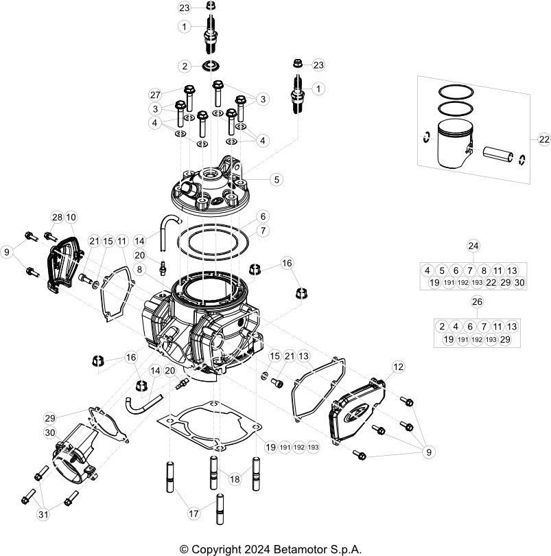 vue éclatée cylindre, culasse et distribution - beta rr 250 race 2t 2025